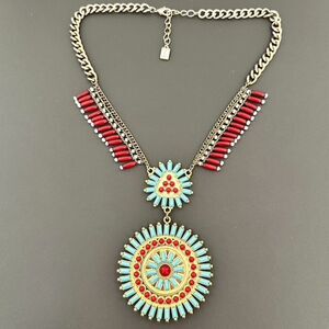 Chaps Boho Fringe Medallion Statement Faux Turquoise & Coral Necklace